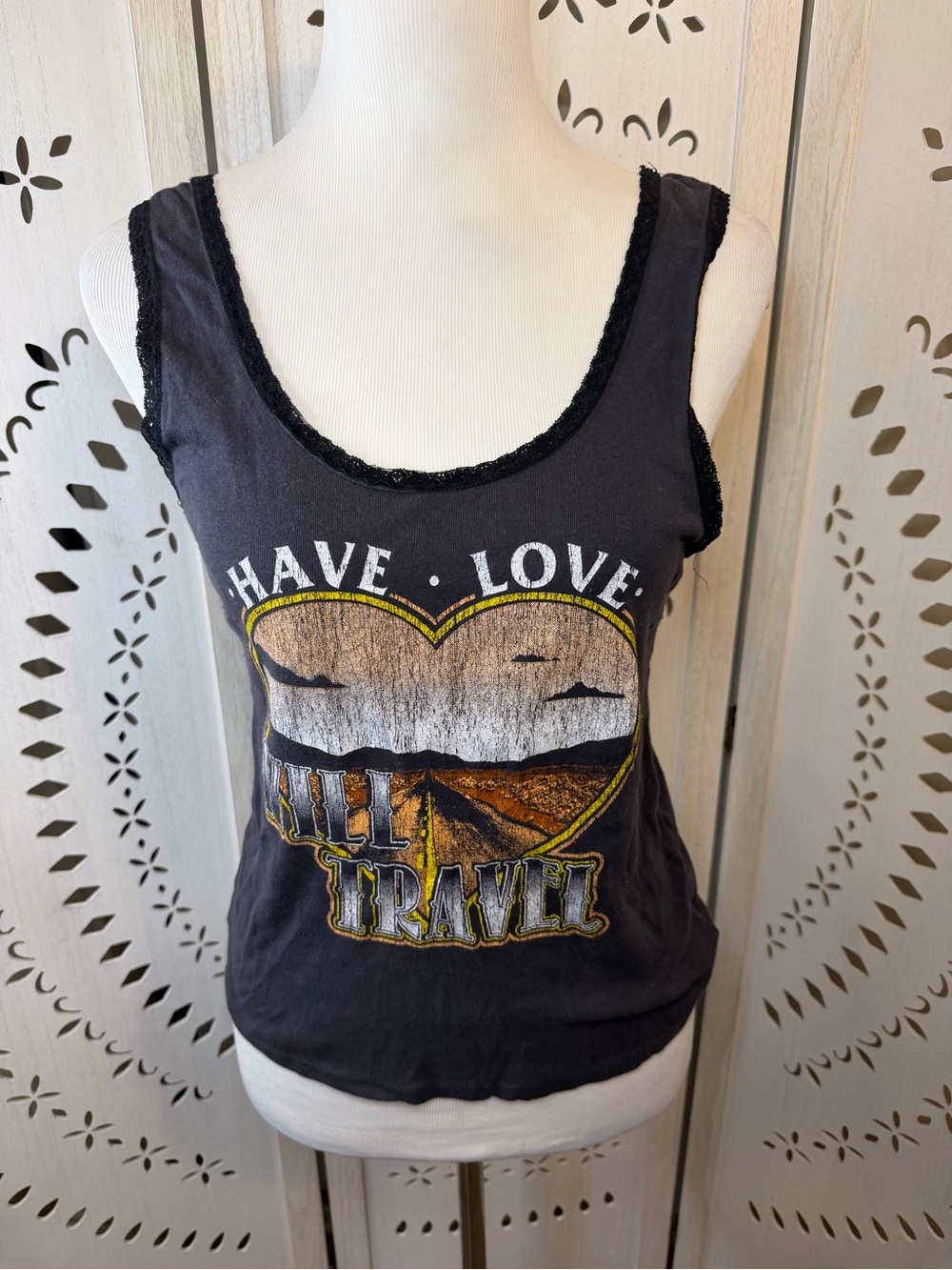Bandit Brand 100% Cotton Have Love Will Travel Lace Trim Tank